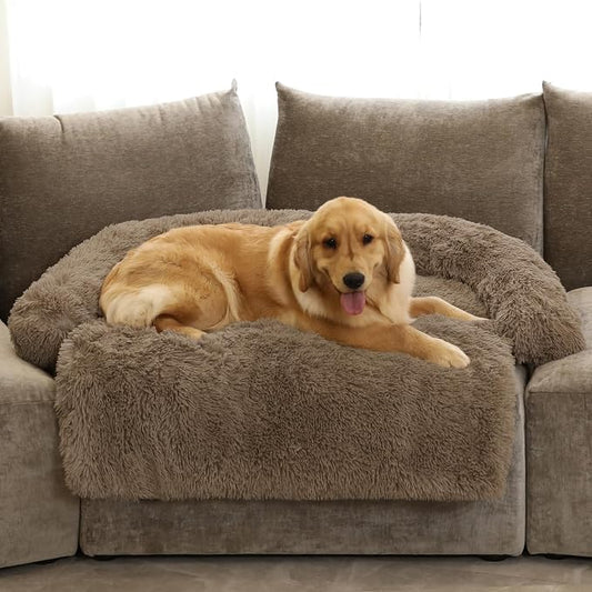Calming Dog Bed Fluffy Plush Dog Mat for Furniture Protector with Removable Washable Cover for Large Medium Small Dogs and Cats (Extra Large (53x39.3x6), Camel) by GGIB