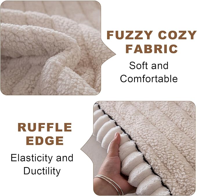 STACYPIK Fuzzy Beige Couch Cover for Large Dogs, Non Slip Sherpa Sofa Cover, Geometric Striped Furniture Protector for 3 Cushion Couch Multi-use Dog Bed Mats Living Room Home Decor-27.6x70.9IN - Image 2