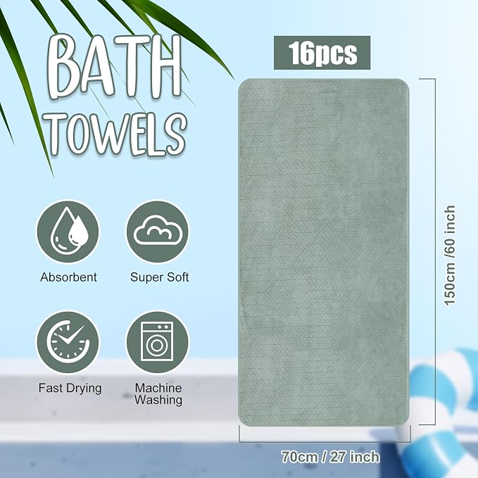 SmoothNovelty 16 Pack Microfiber Bath Towels Bulk 27'' x 60'' Oversized Size Bath Towel Highly Absorbent Extra Large Soft Drying for Beach Shower Summer Salon Sport Gym Party (Wheat,Green) - Image 2