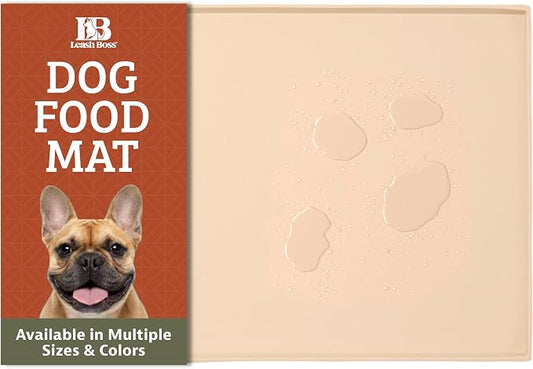 Leash Boss Silicone Pet Bowl Mat - Non-Slip Surface Secures Dog Food Tray - Raised Edge Spill Guard Cat Water Mat - Dishwasher-Safe Silicone Tray for Dog Food & Water - XL 25 x 17 in, Beige by LeashBoss