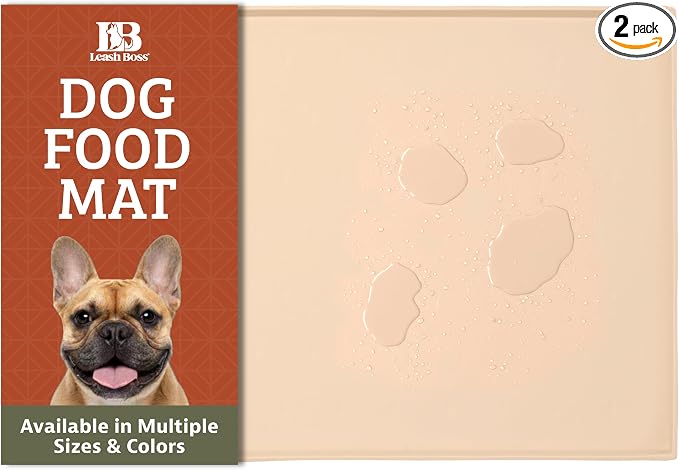 Leash Boss Dog Food Mat - 2-Pack, Waterproof Cat & Dog Bowl Mat for Food and Water, Silicone Pet Feeding Mats for Floors, Non-Slip Placemat with High Edges, Puppy Essentials (Small: 18"x11", Beige) by LeashBoss