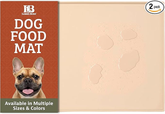 Leash Boss Dog Food Mat - 2-Pack, Waterproof Cat & Dog Bowl Mat for Food and Water, Silicone Pet Feeding Mats for Floors, Non-Slip Placemat with High Edges, Puppy Essentials (Small: 18"x11", Beige) by LeashBoss