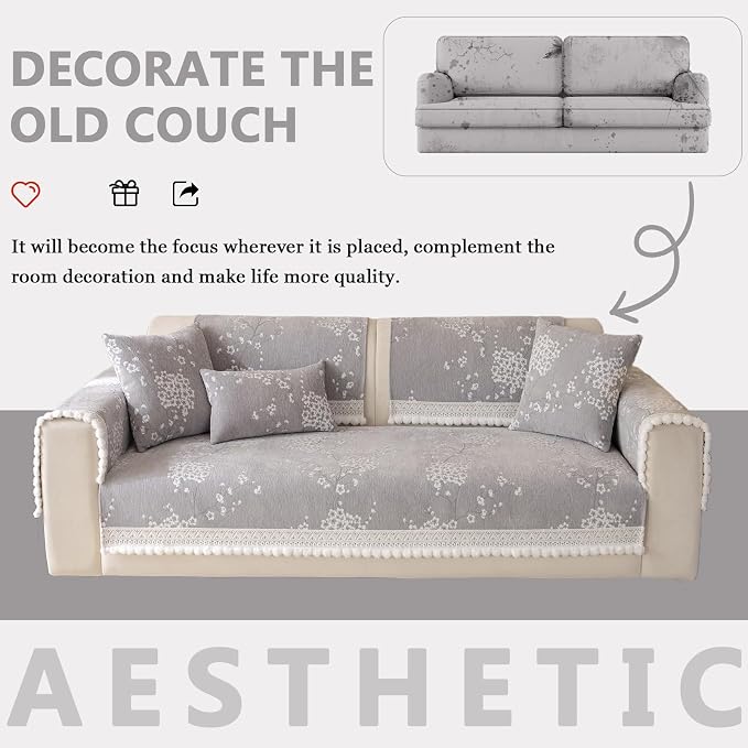 DREAMINGO Couch Backrest Cover, Grey Floral Couch Slipcover Jacquard Chenille Sofa Covers Washable for Pet Kid Non Slip Furniture Protector for Living Room, 35.4"x35.4" - Image 5