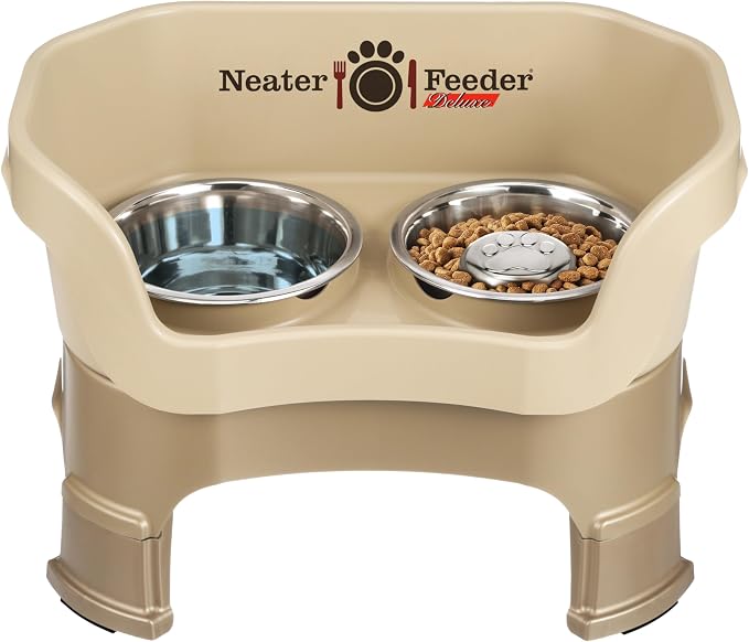 Neater Feeder Deluxe Mess-Proof Elevated Dog Bowls for Medium Dogs (19–40 lbs), 2 Height Adjustable (10” & 12.5”) No-Spill Raised Dog Bowl Stand w/Slow Feed Bowl for Food, Made in USA, Cappuccino by NeaterPetBrands