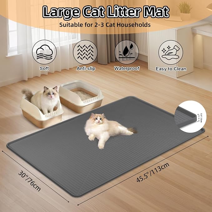 Silicone Cat Litter Mat 45" x 30" Cat Mat for Litter Box, Dark Grey | Extra Large Cat Litter Trapping Mat for Floor, Waterproof, Non-Slip Kitty Litter Box Mat with Raised Edge, Easy to Clean - Image 2