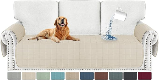MAXIJIN Waterproof Oversized Couch Cover for Dogs Washable, Quilted Sofa Seat Cover for 3 Cushion Couch with Side Pockets, Non-Slip Furniture Protector for Pets Kids (Large Sofa, Beige) by MAXIJIN