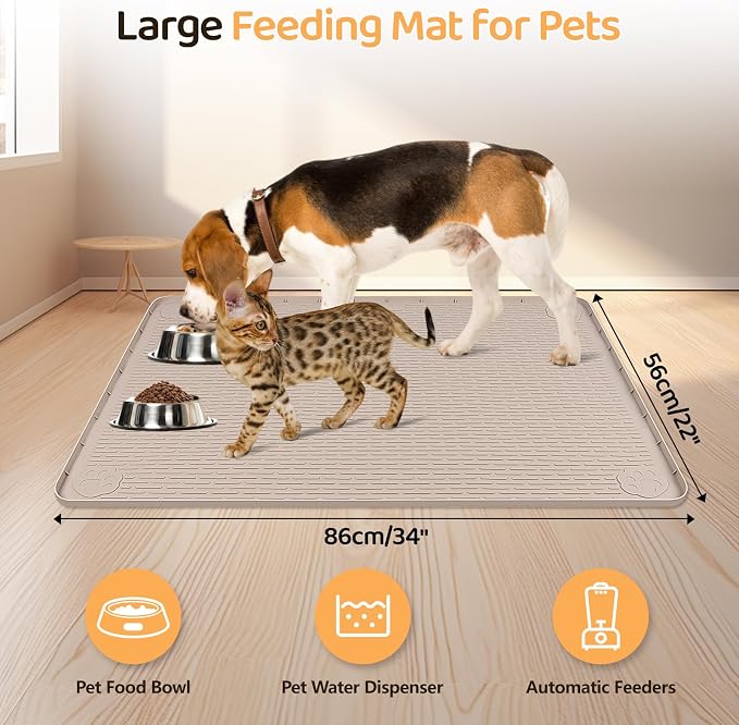 Dog Food Mat 34''x22'' Extra Large Dog Mat for Food and Water, Khaki | Silicone Dog Bowl Mat with Raised Edge, Waterproof Non-Slip Pet Feeding Mat for Floors, fit for Dog Cat Bowls - Image 2