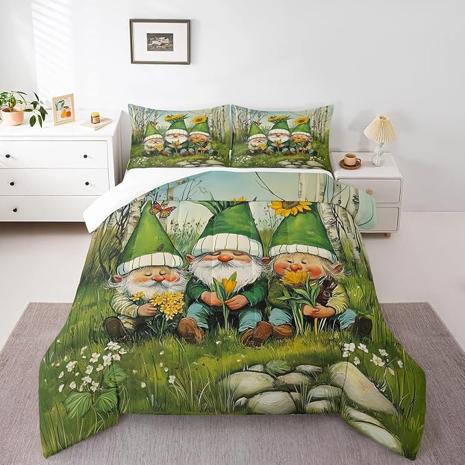 Manfei Cute Gnome Bedding Set King Size,Daisy Sunflower Floral Comforter Set for Kids Boys Teens Adult Room,Watercolor Spring Garden Plants Down Comforter Soft Quilt with 2 Pillow Cases - Image 3