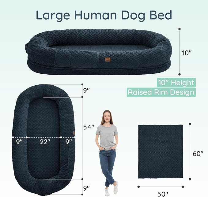 ChiXnuggle Orthopedic Human Dog Bed,with Faux Fur Washable Cover,Blanket | navy,72*40*10,giant dog bed for adult or extra large dogs,egg crate foam,non-slip bottom - Image 2