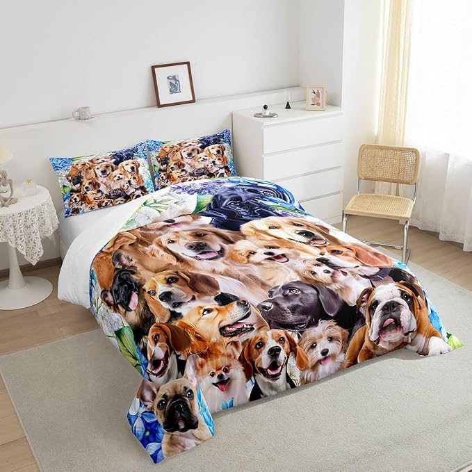 Feelyou Dog Comforter Kids Twin Size Cute Cartoon Dogs Bedding Set for Boys Girls Pet Puppy Animal Design Toddler Duvet Set Lovely Pug Bulldog Collage Pattern Quilt Set Bedroom Collection 2Pcs - Image 4