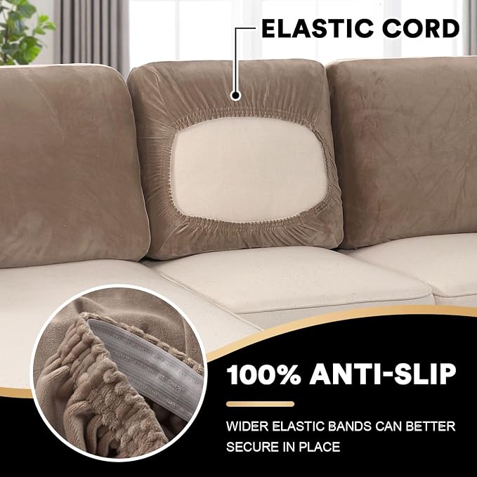 PrinceDeco Sectional Couch Covers Velvet Cushion Covers for Sectional Couch Cushion Covers for Sectional Sofa Separate Sectional Sofa Slipcovers Washable(1 Chaise Back+ 2 Sofa Back,Taupe) - Image 4