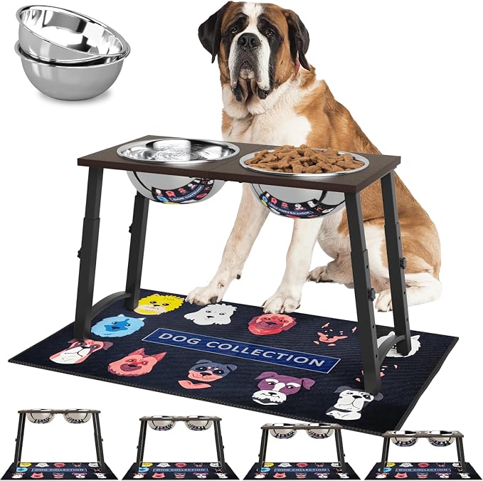 Elevated Dog Bowls for Large and X-Large Dogs, with Spill Proof Mat, 4 Heights Adjustable Wood Raised Dog Bowl Stand with Two Stainless Steel Food and Water Bowls, Non-Slip by TIDANT