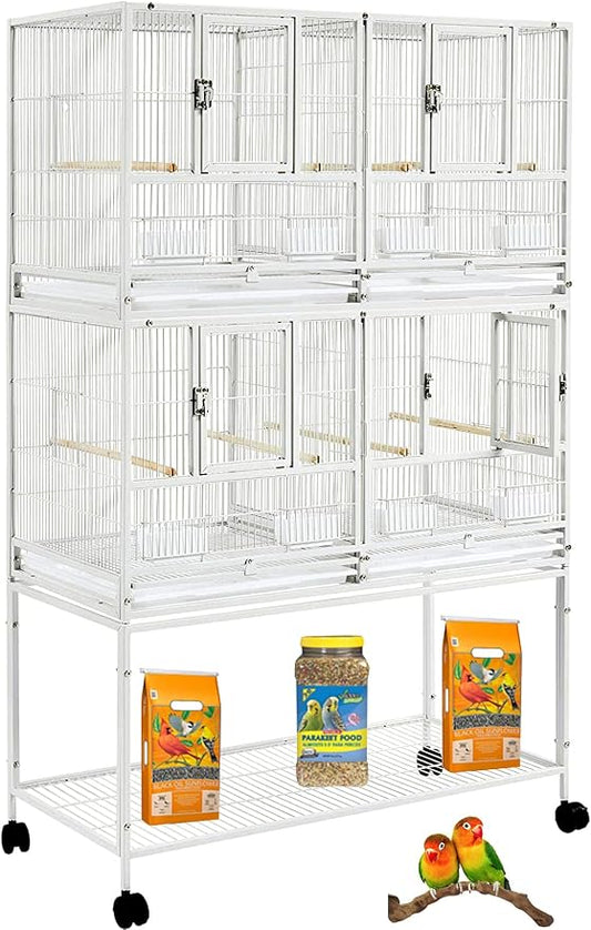 Double Stackable Sturdy Wrought Iron Center Divided Breeder Breeding Bird Flight Double Rolling Cage for Aviaries Canaries Cockatiels Lovebirds Finches Budgies Small Parrots by Mcage