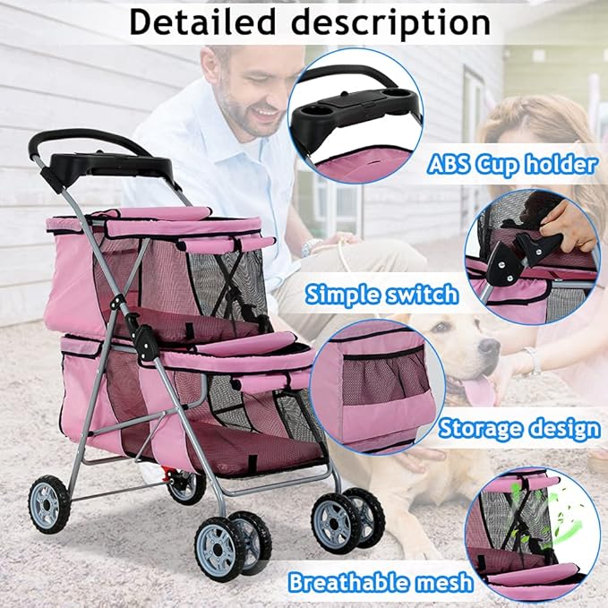 Dkeli 4 Wheel Pet Stroller for Small and Medium Dog Cats, Double Dog Stroller with Cup Holder, Folding Travel Cage for 2 Puppies or Two Kittens, Pink