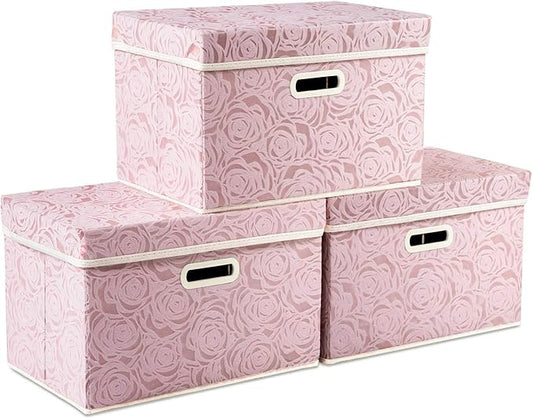 PRANDOM Collapsible Storage Boxes with Lids Fabric Decorative Storage Bins Cubes Organizer Containers Baskets with Cover Handles Divider for Bedroom Closet Living Room 14.9x9.8x9.8 Inch 3 Pack by Prandom