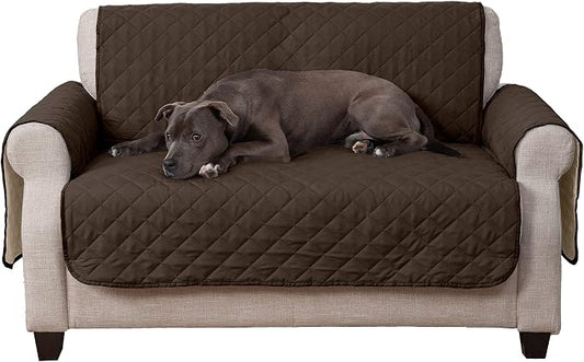 Furhaven Water-Resistant & Reversible Loveseat Cover Protector for Dogs, Cats, & Children - Two-Tone Pinsonic Quilted Living Room Furniture Cover - Espresso/Clay, Loveseat by FurHaven