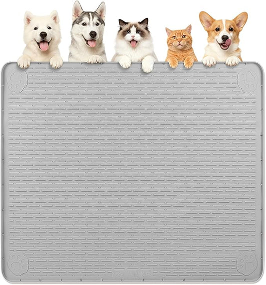 Dog Food Mat 40''x40'' Extra Large Dog Mat for Food and Water, Light Grey | Silicone Dog Bowl Mat with Raised Edge, Waterproof Non-Slip Pet Feeding Mat for Floors, fit for Dog Cat Bowls by Bartuke