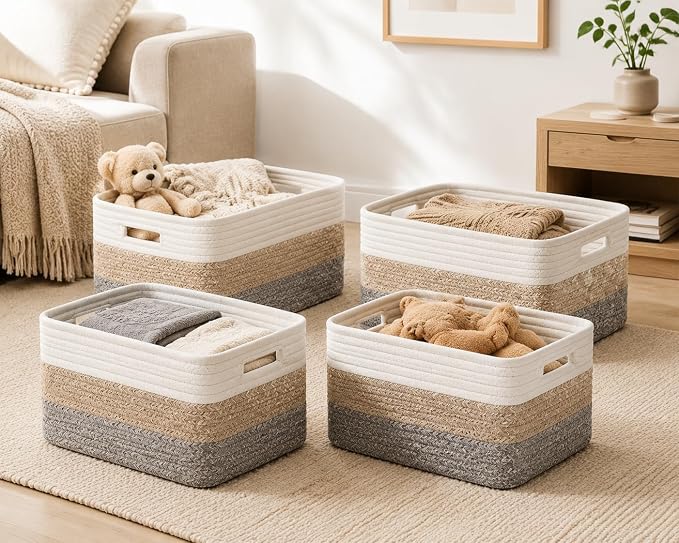 4 sets of hand-woven cotton rope storage boxes, suitable for toys, books, clothes, bathrooms, and car trunks used for organizing and decoration, Two 16x14x7 in and two 14x10x7 in - Image 4
