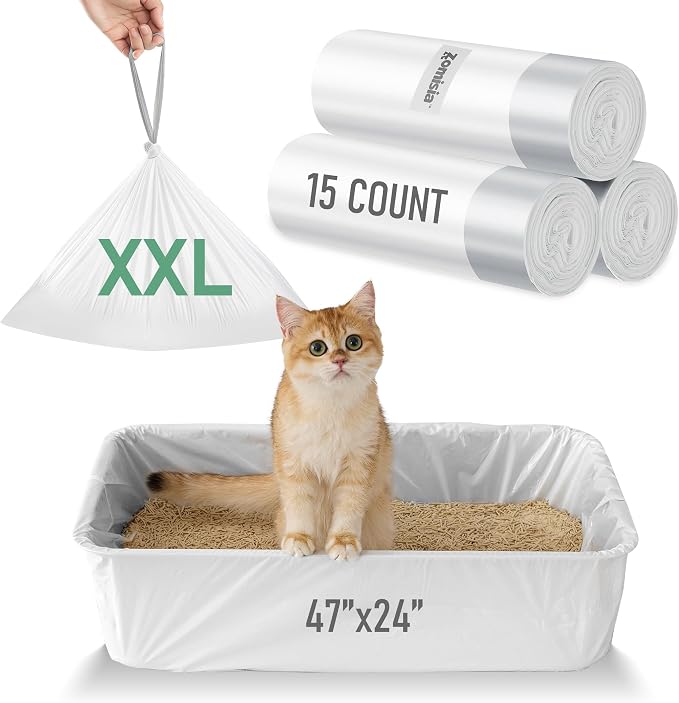 ZOMISIA Cat Litter Box Liner XXL - 15 Count 47" x 24" Jumbo Litter Bags | Cat Litter Pan Liners with Drawstring, Extra Thick, Tear Resistant Heavy Duty, Easy Clean up for Litter Tray, Unscented by Zomisia