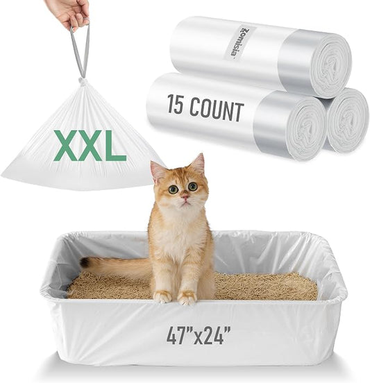 ZOMISIA Cat Litter Box Liner XXL - 15 Count 47" x 24" Jumbo Litter Bags | Cat Litter Pan Liners with Drawstring, Extra Thick, Tear Resistant Heavy Duty, Easy Clean up for Litter Tray, Unscented by Zomisia
