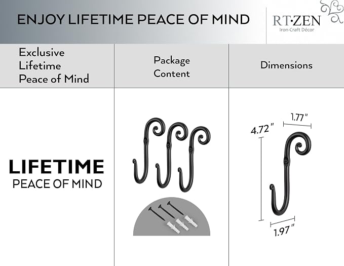 RTZEN Classic Farmhouse Wall Mount Multi-Use Wrought Iron Hook Set (3 Pack) | Decorative Rustic Metal Handcrafted Bathroom, Entreyway Home Decor Hooks Suitable for Coats, Towels, Robe or Hat Hanging - Image 4