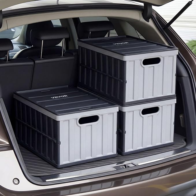 VEVOR Plastic Collapsible Storage Bins with Lids, 65L 3 Packs, Stackable Folding Storage Crates with Handles, Holds 84 lbs Per Bin, Heavy Duty Containers, Space-Saving Baskets, for Home Organizing - Image 8