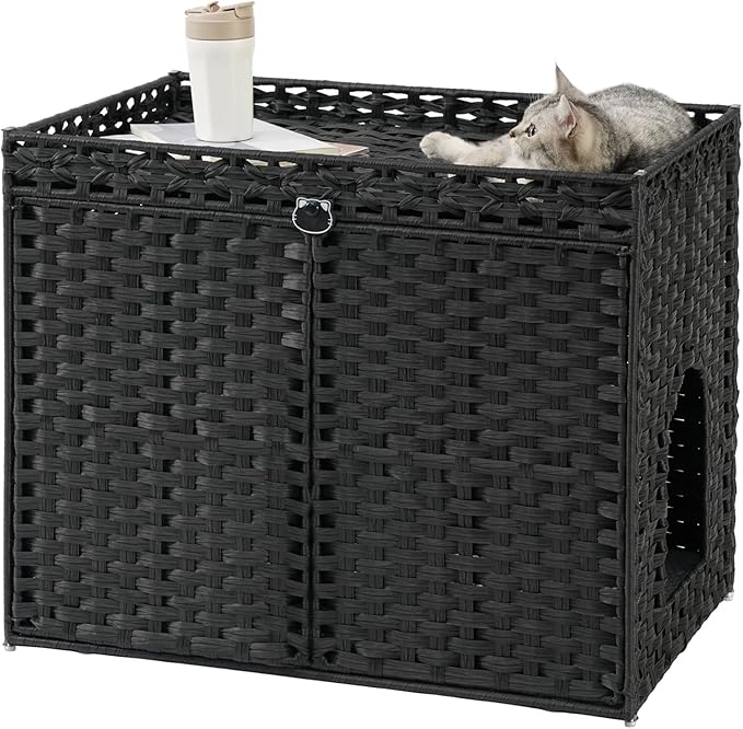 SETVSON Cat Litter Box Enclosure Furniture, Hidden Litter Box, Cat Litter Box Cabinet with 2 Litter Mats, Handwoven Rattan Large Space Cat House, Indoor for Living Room, Bedroom, Apartment Black by SETVSON