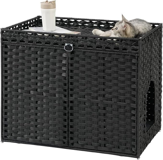 SETVSON Cat Litter Box Enclosure Furniture, Hidden Litter Box, Cat Litter Box Cabinet with 2 Litter Mats, Handwoven Rattan Large Space Cat House, Indoor for Living Room, Bedroom, Apartment Black by SETVSON
