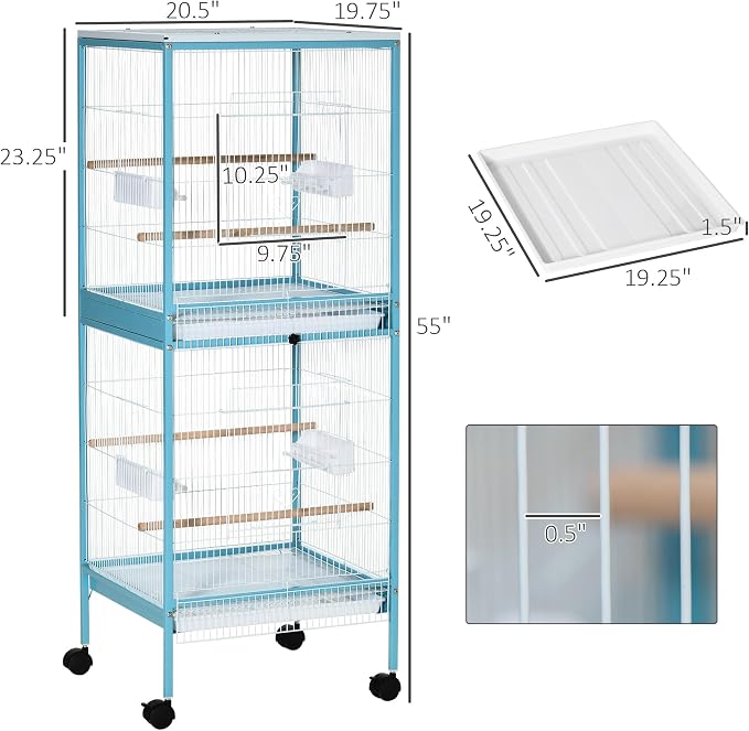 PawHut Large Bird Cage 1.7 ft. Width for Wingspan 55", Light Blue | Bird Aviary Indoor, Multi-Door Design, Fit for a Canary, Finch, Conure - Image 7