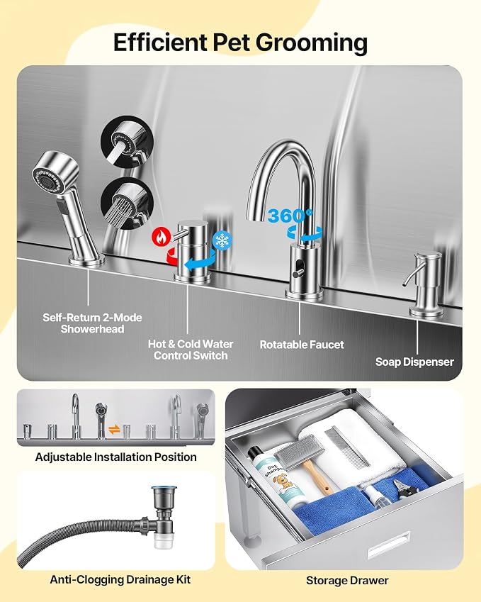 VEVOR Professional 304 Stainless Steel Dog Bathing Station, 61 inch Pet Grooming Tub w/Anti-Slip ramp, Storage Drawer, Cold Hot Faucet Showerhead, for Large & Medium & Small (Left Door, with Drawer) - Image 8