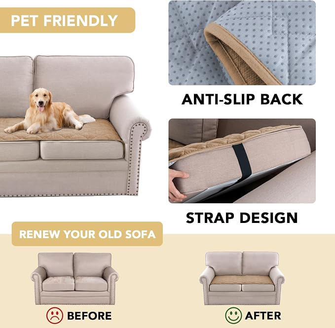 H.VERSAILTEX Couch Cover Chenille Pet Fuzzy Sofa Covers for 2 Cushion Couch Anti Slip Washable Sofa Slipcovers with Strap Soft Couch Protector Cover for Dogs Cats Kids(27.6" x 59",Khaki) - Image 4