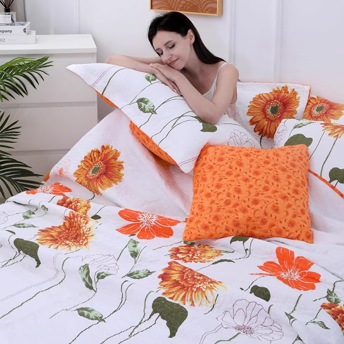 EVENHUG 100% Cotton Quilt Twin Size Orange Sunflower Bedding Set Floral Lightweight Quilt Reversible Coverlet Bedspread with1 Pillow Shams All Seasons 2 Pieces (68"x86") - Image 3