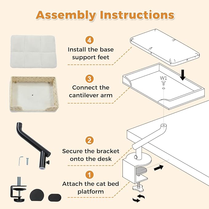 PAWZ Road Cat Desk Bed for Indoor Cats, Wicker Cat Bed for Desk Supports Up to 50 lbs, 360° Rotation & Adjustable Soft Plush Cats Hammock for Desktop, White - Image 9