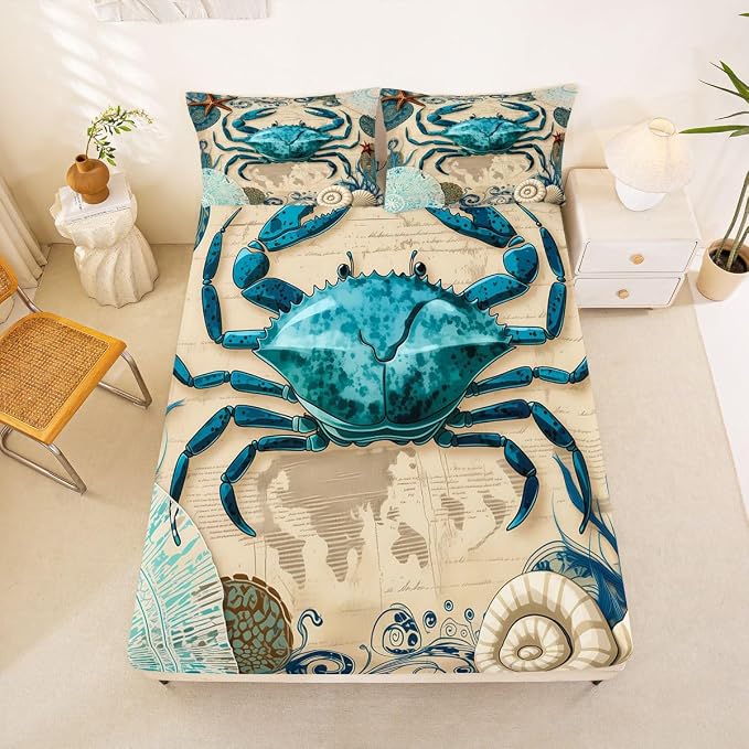 Beach Theme Bedding Set Kids Beach Crabs Print Queen 4 Piece Sheet Set 3D Crab Luxury Microfiber Bed Sheets Set (1 Fitted Sheet, 1 Flat Sheet, 2 Pillowcases)Soft Cute Marine Life Decorative Bedding - Image 2