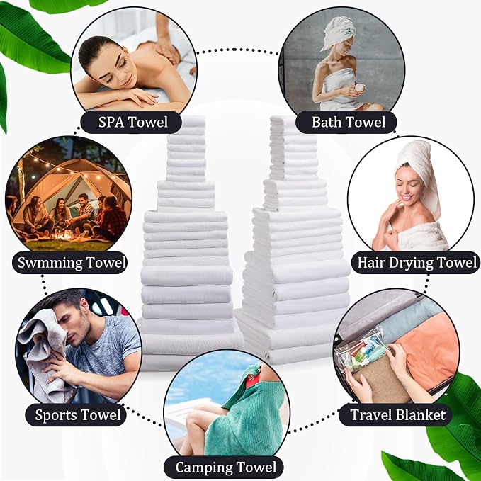 Mixweer 24 Piece White Microfiber Absorbent Towel Set: 2 Oversized Bath Sheets, 4 Bath Towels, 6 Hand, 8 Washcloths, 4 Fingertip for Bathroom Spa Gym Camping Beach - Image 7