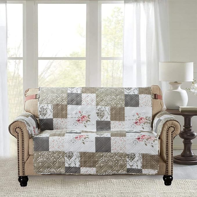 Brilliant Sunshine Pink Rose & Grey Toile Loveseat Cover, 54" seat | Patchwork Design, Non Slip Sofa Cover, Quilted Furniture Protector, Large Washable Love Seat Slipcover for Pets, Dogs - Image 3