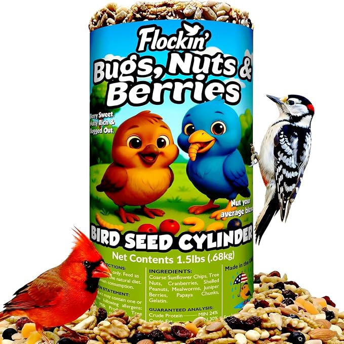 Bugs, Nuts & Berries Bird Seed Cylinders with Hole - USA Made (4" x 7.75") | Mealworms, Nuts & Berries Blend, Protein Rich, Cylinder Bird Seed, No Filler, Attract Wild Birds, Natural Ingredients, 1.5lbs by Flockin