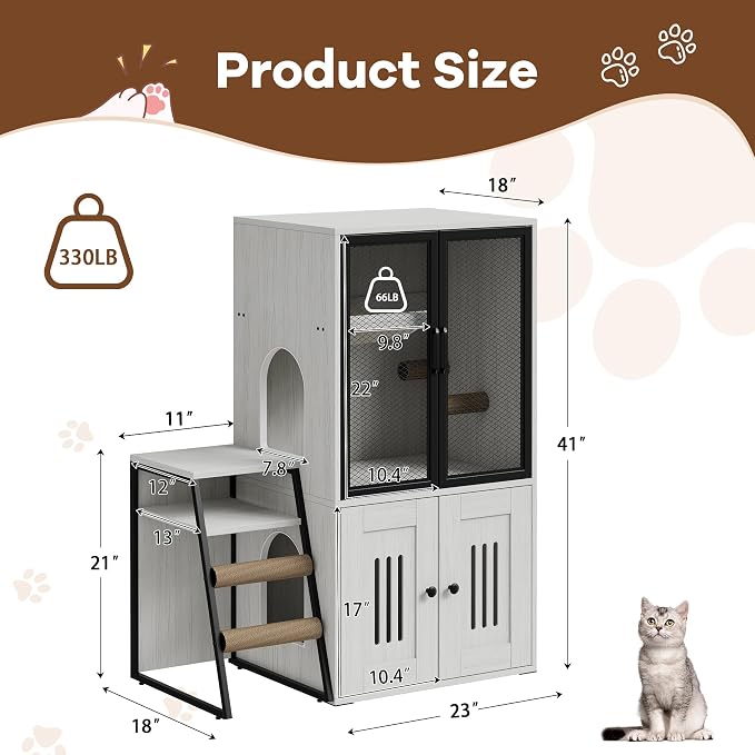 GarveeLife Cat Litter Box Enclosure with Doors, Double Cat House with Storage Space, Enclosed Litter Box Furniture with Ladder, Retro White - Image 2