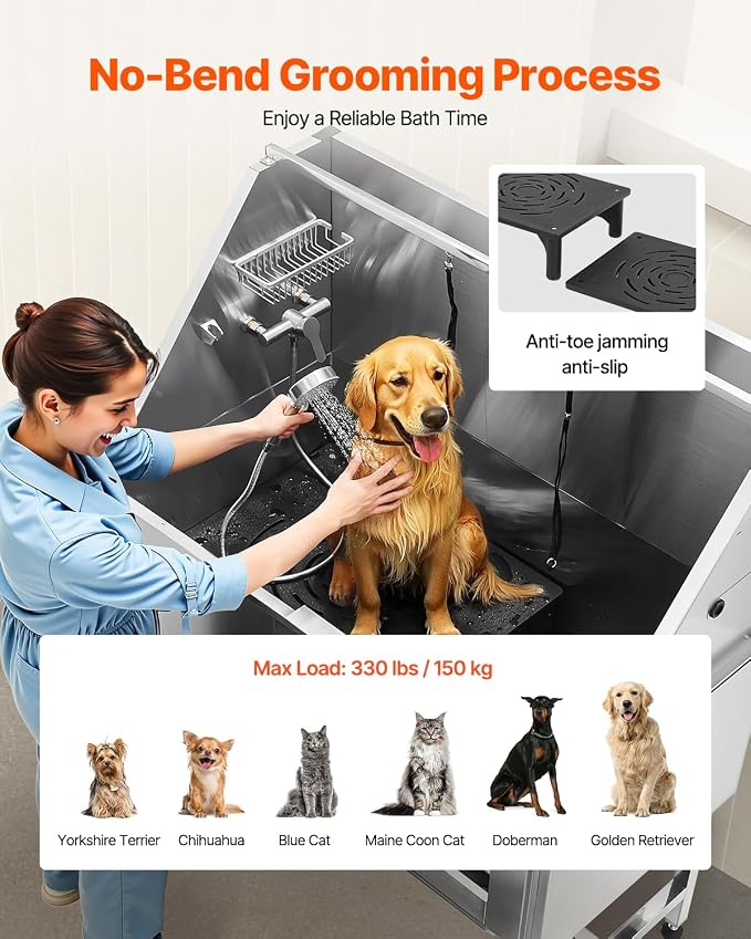 VEVOR Stainless Steel Dog Washing Station, 50 inch Pet Grooming Tub w/Stairs, PE Water Filter Board, Faucet & Showerhead & Soap Holder Dog Bathtub for Large & Medium & Small Pets (Right Door) - Image 4