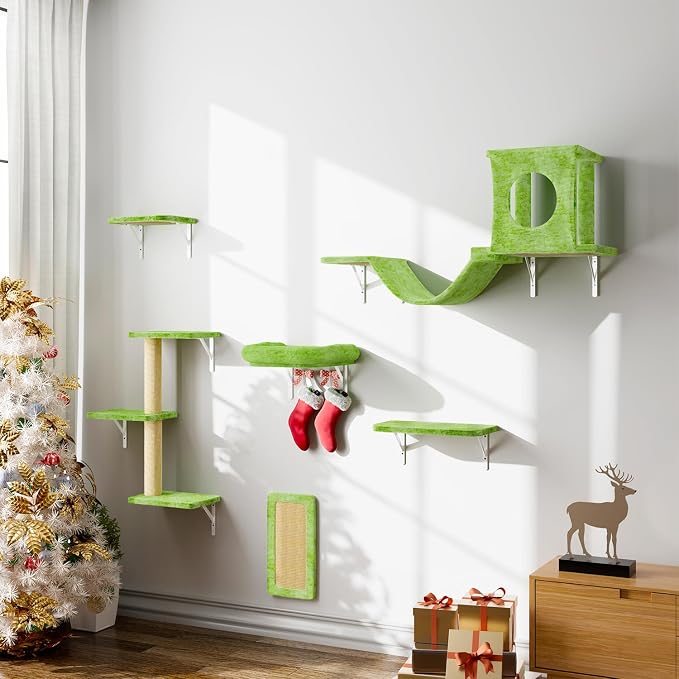 Wall Mounted Cat Climber Set, 6 Pcs Cat Furniture Set | with House, Bridge, Steps, Scratcher Board and Hammock, Shelves for Indoor, Luxury Walls Furniture, Light Green - Image 2