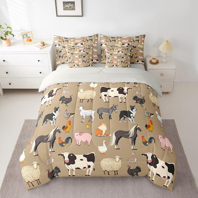 Erosebridal Farm Animal Comforter Sets with Sheets, Cartoon Animals Bedding Set Queen Size for Boys Girls Funny Country Theme 7Pcs Bed in A Bag Cute Pig Cow Print Dog Rooster Bed Set - Image 2