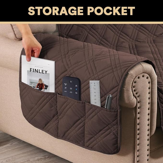 PrinceDeco 100% Waterproof Loveseat Covers for 2 Cushion Couch Sofa Covers Waterproof and Washable Sofa Slipcover with Side Pocket Furniture Protector with Elastic Straps(Loveseat 48", Brown) - Image 4