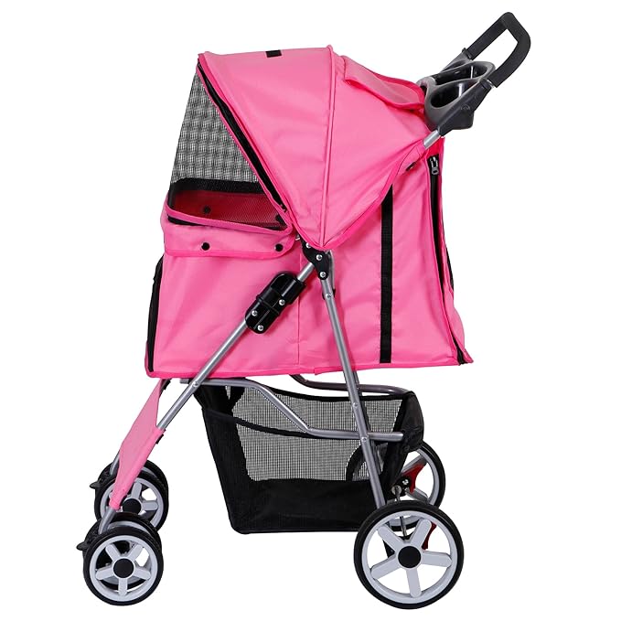 Pet Stroller 4 Wheels Dog Cat Stroller for Small Medium Dog Cats Carrier Jogger Travel Foldable Puppy with Storage Basket and Cup Holder (Pink)