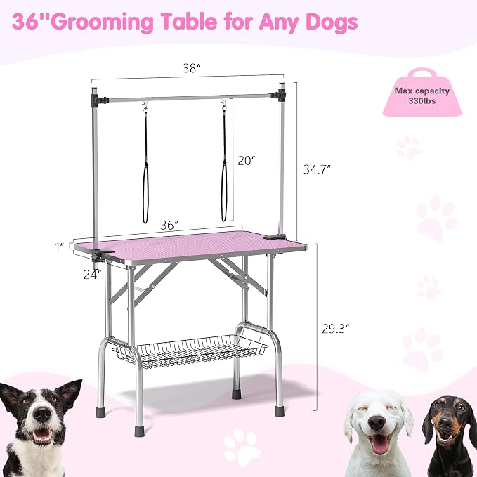 Lyromix 36'' Stainless Steel Pet Dog Grooming Table, Arm/Noose/Tray, Pink | Foldable Dog Grooming Table for Dogs at Home, Adjustable Height Arm, Non-Slip Waterproof Tabletop, Capacity 330Lb - Image 2