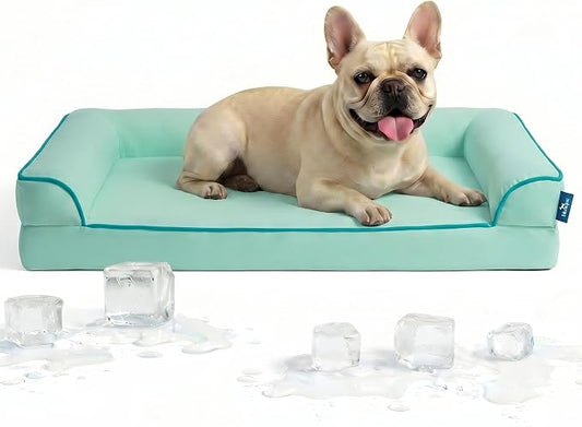 Cooling Dog Bed for Small,Medium Dogs & Cats with Bolsters,Q-Max>0.45 Orthopedic Pet Cool Sofa Beds with Breathable Egg Crate Foam,Removable Washable Cover, Light Aqua by blunique