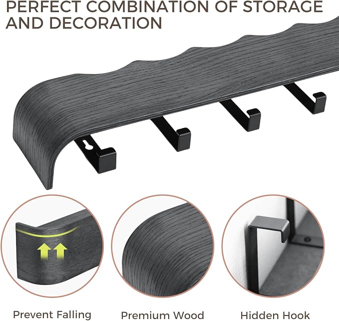 Coat Rack Wall Mount with Shelf Entryway Shelf Modern Key Holder Hanger Wall Shelves with Hidden Hooks for Hanging Towels Coats Hats Bags for Hallway Bathroom Bedroom(Wavy Black, 8 Hooks) - Image 5