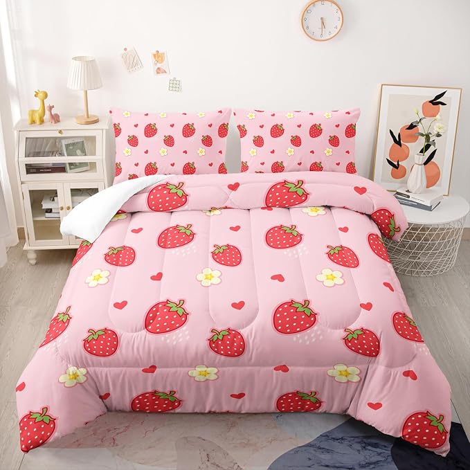 Nttopship Cute Strawberry Comforter Sets, Queen Size Kids Bedding Sets with Cute Strawberries and Flowers Pattern, All Season Comforter and 2 Pillowcases - Image 2