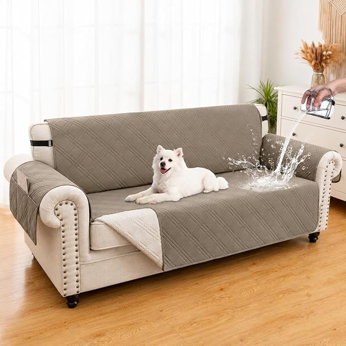 100% Waterproof Couch Cover for Dogs, Washable Anti-Slip Sofa Cover with Elastic Straps & Side Pockets, Quilted Furniture Protector for Kids & Pets (3 Cushion 68", Camel) by Unknown