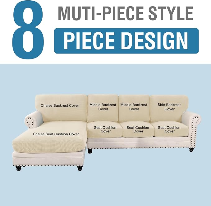H.VERSAILTEX Sectional Couch Covers 8 Pieces Stretch Sofa Covers for Sectional Sofa Set Separate L Shaped Couch Cover for Both Left/Right Couch (Seat and Back: 1 Chaise + 3 Sofa, Natural) - Image 2