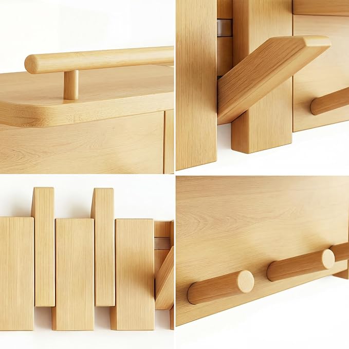 Mid Century Modern Wood Coat Rack Wall Mount with Shelf, 9 Hooks, Natural | Wood and metal wall rack with fold-down piano-key hooks and display shelf organizes coats, bags, keys and decor up to 25 lb. - Image 8